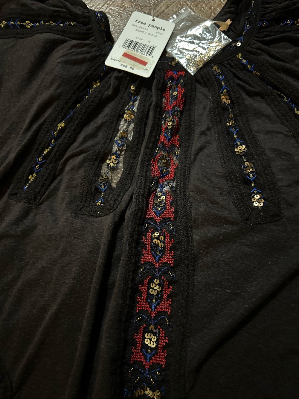 Free People Embroidered Boho Flowy Sequin & Mesh Detail — Washed Black Color - Picture 3 of 9